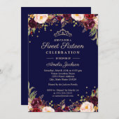 Burgundy Navy Elegant Floral 16 . Geburtstag Einladung (Vorne/Hinten)
