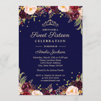 Burgundy Navy Elegant Floral 16 . Geburtstag Einladung