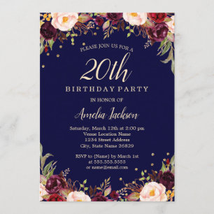 Burgundy Navy Elegant Floral 20. Geburtstagsparty Einladung