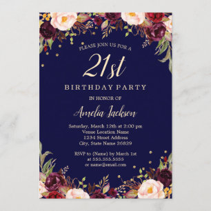 Burgundy Navy Elegant Floral 21. Geburtstag Party Einladung