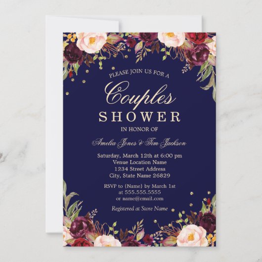 Burgundy Navy Elegante Blumenpaare Dusche Einladung (Vorderseite)