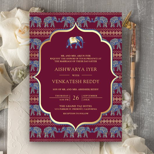 Burgundy Navy Elephant All in One Indian Wedding Einladung