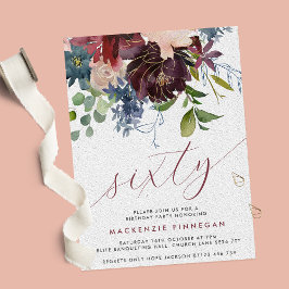 Burgundy & Navy Floral 60. Script Geburtstagsparty Einladung