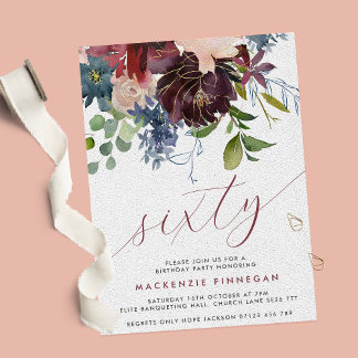 Burgundy & Navy Floral 60. Script Geburtstagsparty Einladung