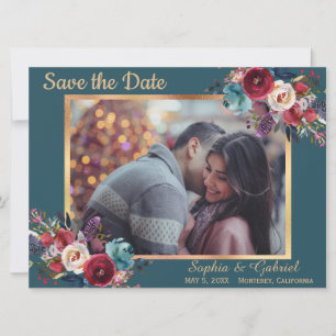 Burgundy Navy Floral auf Aquamarin   Foto Save the Date