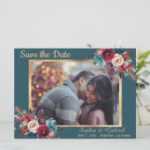 Burgundy Navy Floral auf Aquamarin | Foto Save the Save The Date (Stehend Vorderseite)