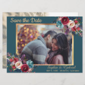 Burgundy Navy Floral auf Aquamarin | Foto Save the Save The Date (Vorne/Hinten)