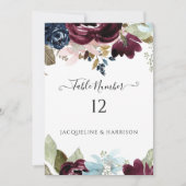 Burgundy Navy Floral Elegante Foliage Tischnummer (Vorderseite)