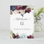 Burgundy Navy Floral Elegante Foliage Tischnummer (Stehend Vorderseite)