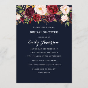 Burgundy Navy Floral Fall Brautparty Card Einladung