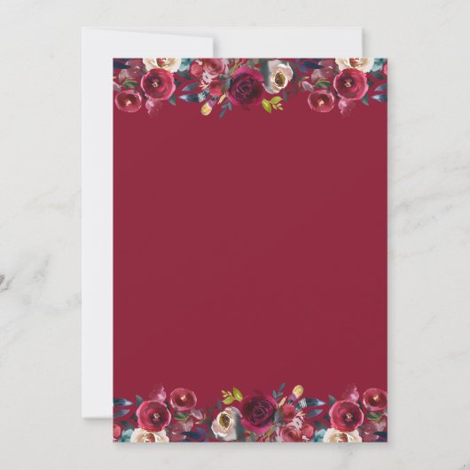 Burgundy Navy Floral Gold Frame Wedding Einladung (Rückseite)