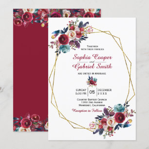 Burgundy Navy Floral Gold Frame Wedding Einladung