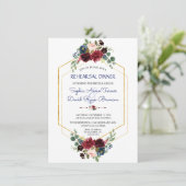 Burgundy Navy Floral Gold Hexagon Probe Dinner Einladung (Stehend Vorderseite)