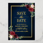 Burgundy Navy Floral Gold Rahmen Save the Date Folieneinladung (Vorderseite)
