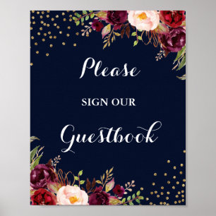 Burgundy Navy Floral Guestbook Wedding Sign Poster