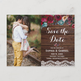 Burgundy Navy Floral Lace Wood Save the Date Foto Ankündigungspostkarte