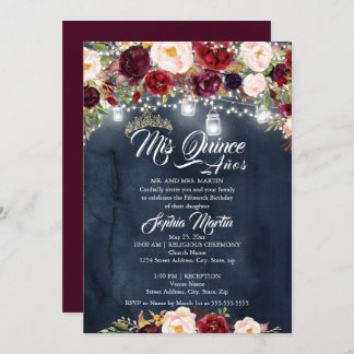 Burgundy Navy Floral Lights Quinceanera Einladung
