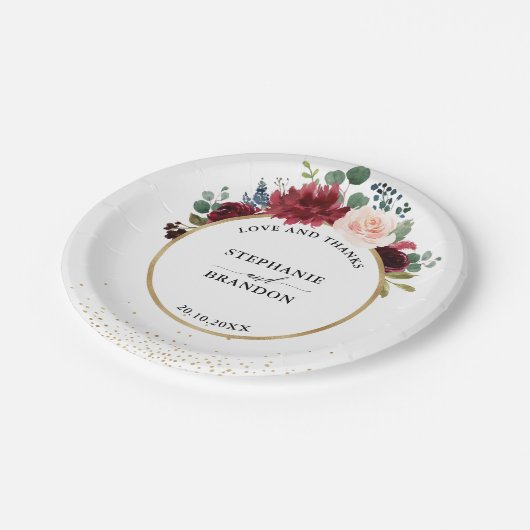 Burgundy Navy Floral Rustic Boho Hochzeit Pappteller (Schrägansicht)