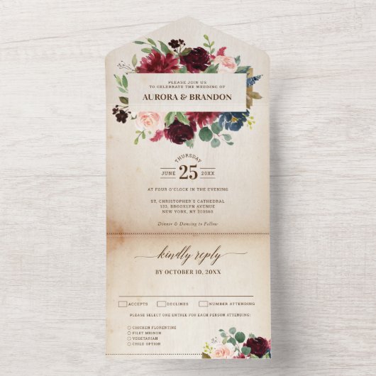 Burgundy Navy Floral Rustic Country Boho Hochzeit All In One Einladung (Innen Boden)