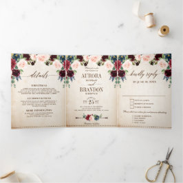 Burgundy Navy Floral Rustic Country Boho Hochzeit Dreifach Gefaltete Ankündigung