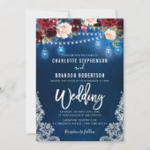 Burgundy Navy Floral Rustic String light Mason Jar Einladung (Vorderseite)