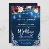 Burgundy Navy Floral Rustic String light Mason Jar Einladung (Vorne/Hinten)