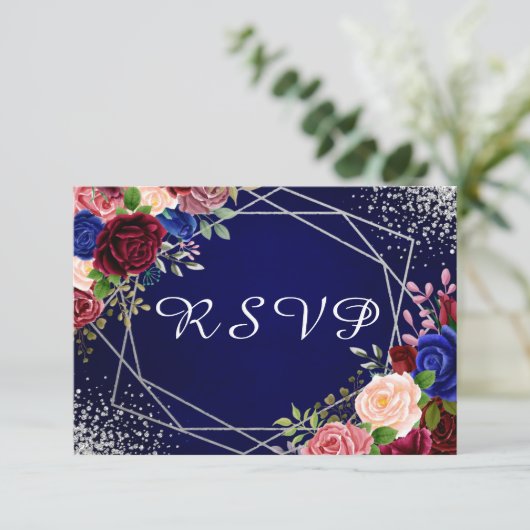 Burgundy Navy Floral Silver Geometric RSVP Karte (Stehend Vorderseite)