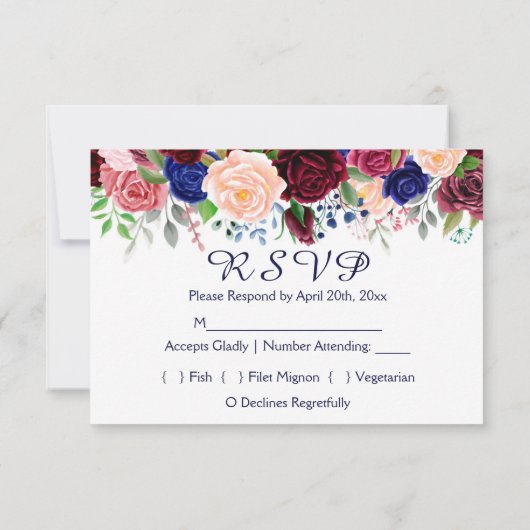 Burgundy Navy Floral Silver Geometric RSVP Karte (Rückseite)