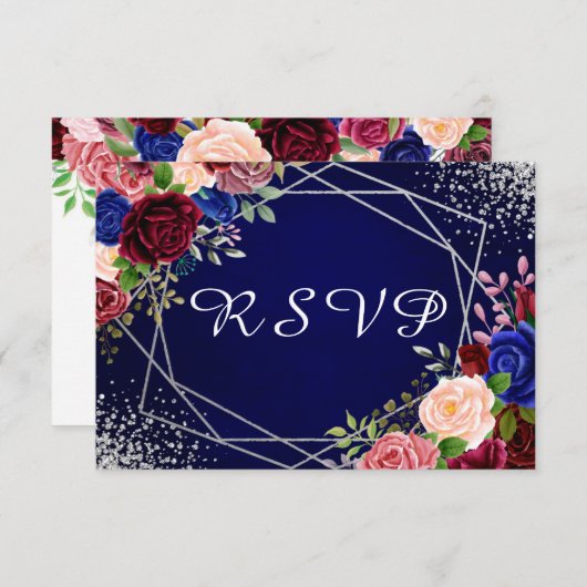 Burgundy Navy Floral Silver Geometric RSVP Karte (Vorne/Hinten)