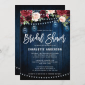 Burgundy Navy Floral String Light Brautparty Einladung (Vorne/Hinten)