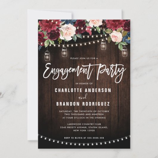 Burgundy Navy Floral String Light Engagement Party Einladung (Vorderseite)