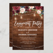 Burgundy Navy Floral String Light Engagement Party Einladung (Vorne/Hinten)