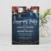Burgundy Navy Floral String Light Engagement Party Einladung (Stehend Vorderseite)