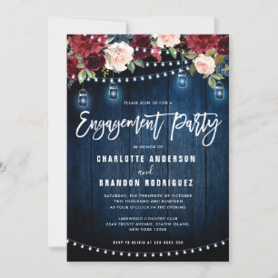 Burgundy Navy Floral String Light Engagement Party Einladung
