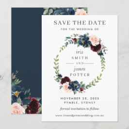 Burgundy Navy Floral Wedding Save the Date Card Einladung