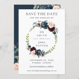 Burgundy Navy Floral Wedding Save the Date Card Einladung