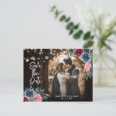 Burgundy Navy Floral Wedding Save the Date Foto Postkarte (Stehend Vorderseite)
