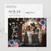 Burgundy Navy Floral Wedding Save the Date Foto Postkarte (Vorne/Hinten)