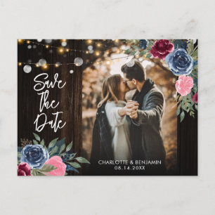 Burgundy Navy Floral Wedding Save the Date Foto Postkarte