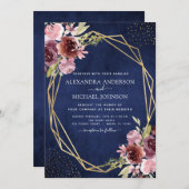 Burgundy Navy Geometric Floral Wedding Einladung (Vorne/Hinten)