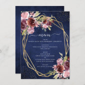 Burgundy Navy Geometric Floral Wedding Menükarte (Vorne/Hinten)