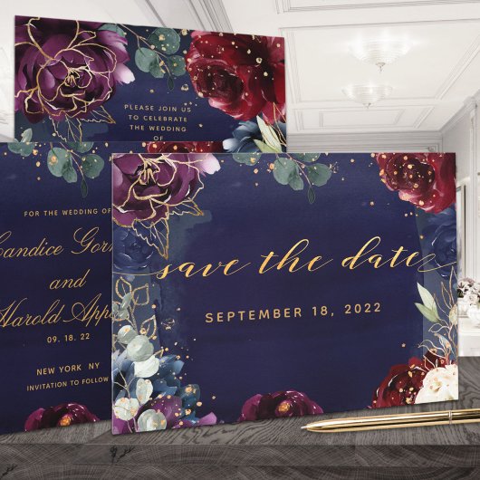 Burgundy Navy Gold Garden Wedding Save the Date