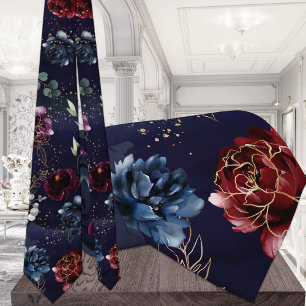 Burgundy Navy Hochzeit Wasserfarbenflora Elegant Krawatte