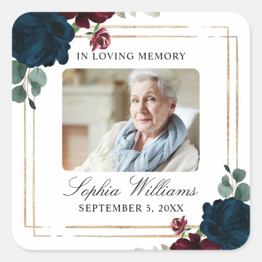 Burgundy & Navy  Memorial Funeral Square Sticker (Vorderseite)