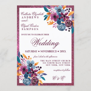 Burgundy Navy Mustard Watercolor Blume Hochzeit Einladung