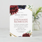 Burgundy Navy Peony Gold Brautparty Einladung (Stehend Vorderseite)