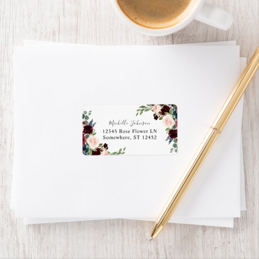 Burgundy & Navy Pink Floral 2 Rücksendeadresse Lab Adressaufkleber (Insitu)