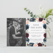 Burgundy Navy Pink Floral Foto Save the Date Karte (Stehend Vorderseite)
