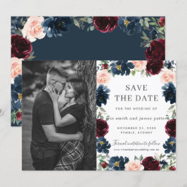 Burgundy Navy Pink Floral Foto Save the Date Karte