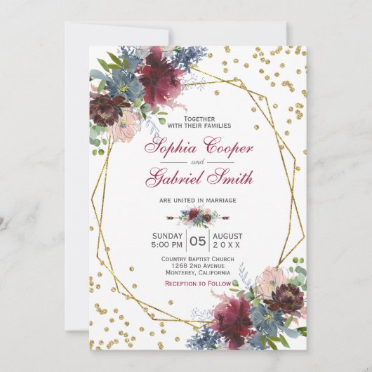 Burgundy Navy Pink Floral | Gold Frame Wedding Einladung (Vorderseite)